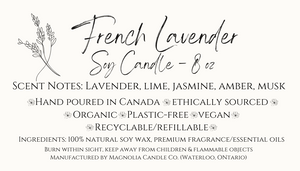 Organic Hand-Poured 8oz Soy Candle - French Lavender